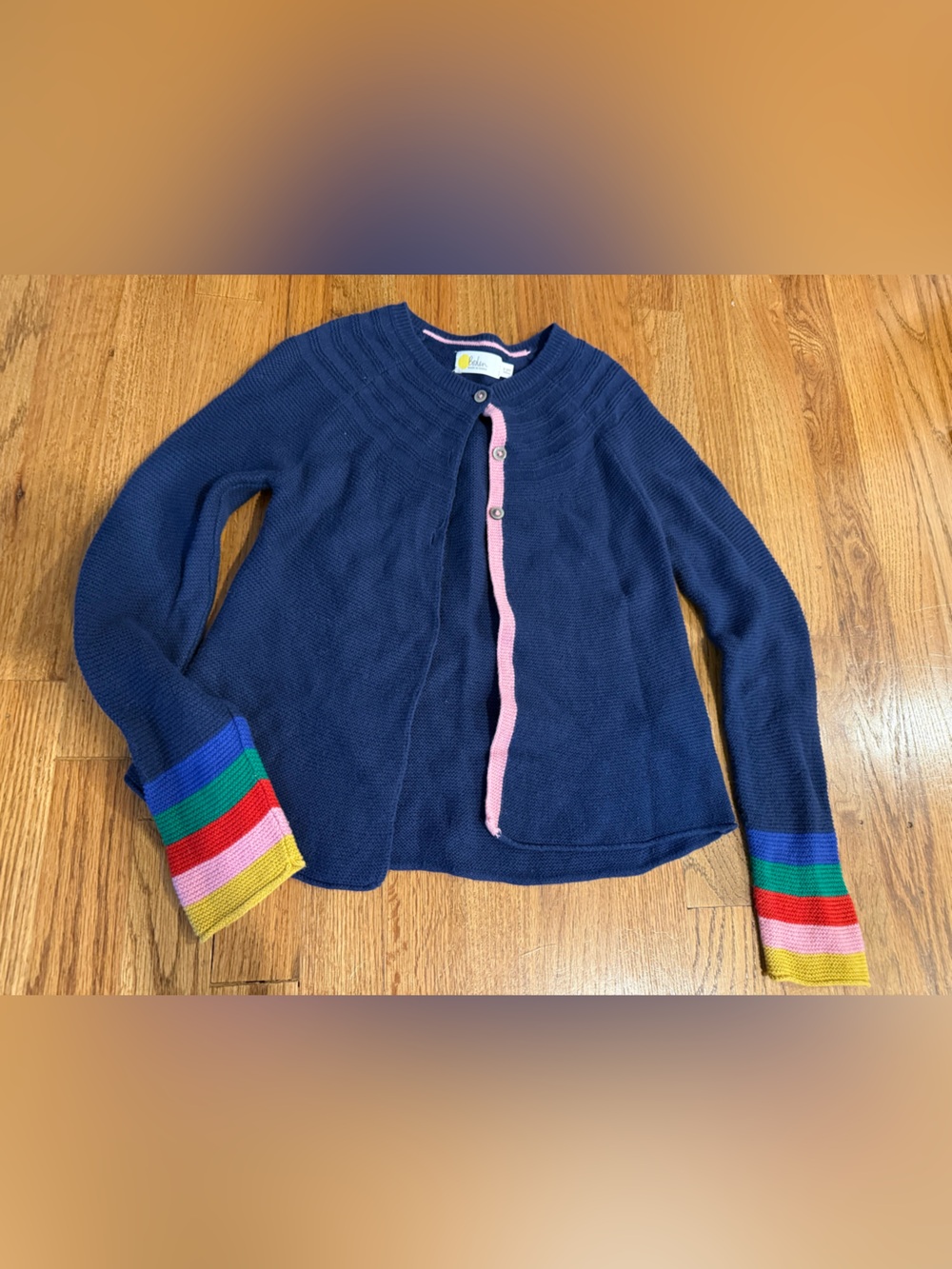 Mini Boden kids navy cardigan with rainbow stripes 9-10